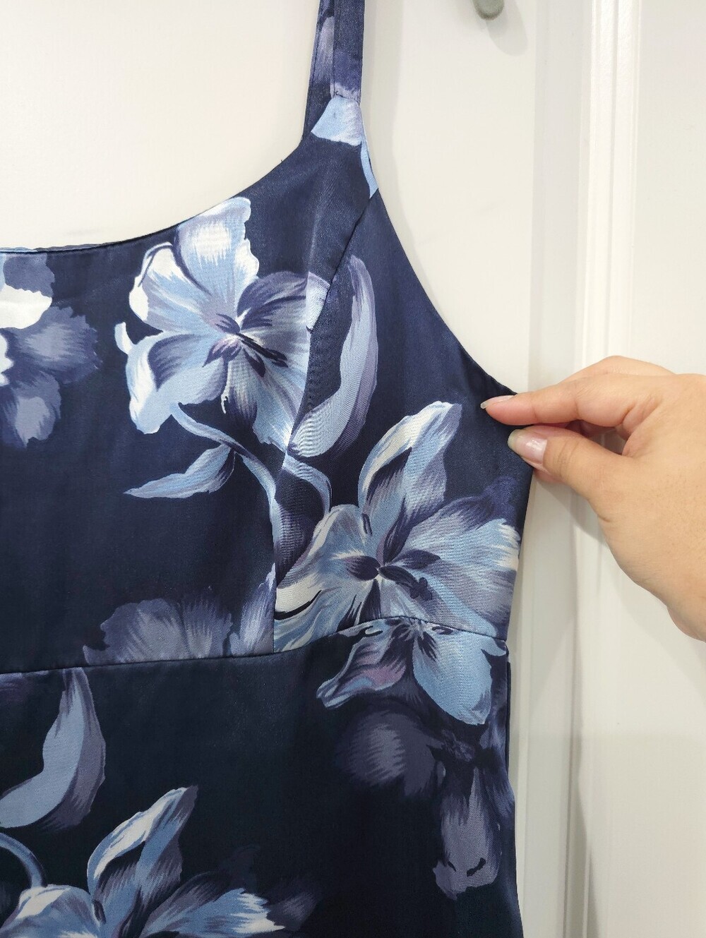Miss Dorby Vintage Satin Navy Blue Floral Slip Maxi Dress, Wedding Guest - Picture 8 of 15